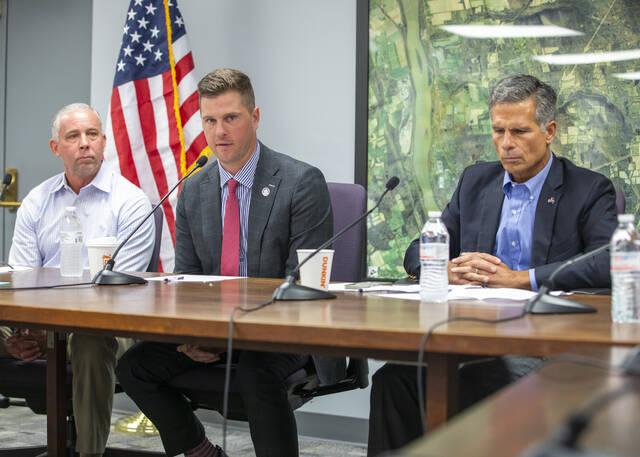 Thomas Copus, Caithness Energy vice president, Rep. Mike Cabell, R-Butler Township, and U.S. Rep. Dan Meuser, R-Dallas, at the American Petroleum Institute (API) roundtable hearing in Salem Township.
                                 Submitted Photo