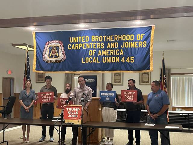 Luzerne County Democratic Chair Thom Shubilla, center, speaks at Friday’s news conference in Scranton.
                                 Courtesy of Harris for Pennsylvania