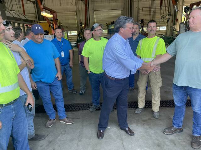 PennDOT Secretary Mike Carroll on Tuesday met with employees at the agency’s Ashley center, completing his statewide visits to all 67 counties.
                                 Bill O’Boyle | Times Leader