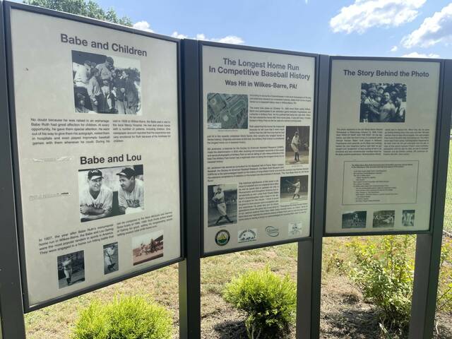 A kiosk in Kirby Park denotes where the legendary 600-plus-foot home run off the bat of George Herman ‘Babe’ Ruth landed back in 1926.
                                 Times Leader File Photo